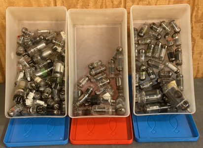 (3) Plastic Storage Containers W/ Electron Vacuum Tubes In Multiple Sizes (50) Plus Total)