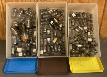 (3) Plastic Storage Containers W/ Electron Vacuum Tubes In Multiple Sizes 50+ Total