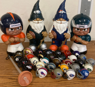 (2) Football Gnomes (31) Mini Football Helmets (2) Teeny Mates Big Sip 16 Oz Character Cup Football Player Figurine