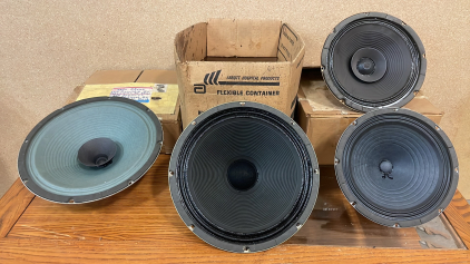 VINTAGE TUBE RADIO SPEAKERS AND BOX OF TUBES