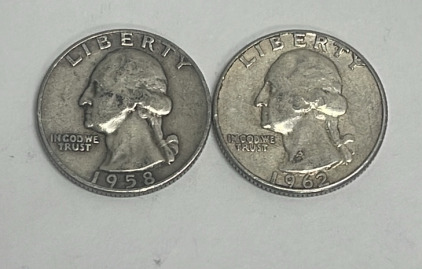 (1) 1958 And (1) 1962 Washington 90% Silver Quarters