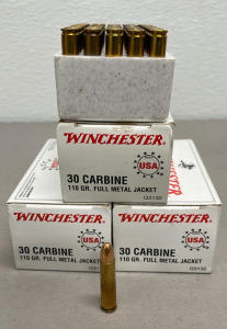 (90) Rounds Winchester 30 Carbine 110 Gr. Full Metal Jacket Cartridges