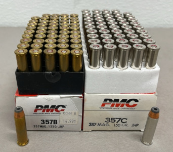 (50) Rounds PMC 357B 357 Mag. 125 GR. JHP, (5) Rounds PMC 357C 357 Mag. 150 Gr. JHP