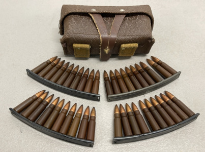 (4) Bandolier Magazines W/ 40 Rounds 7.62 x .39 And Original Leather Kirza USSR Soviet Ammo Pouch