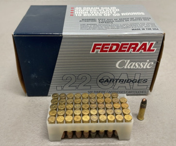 (500) Rounds Of .22 LR .40 Grain Copper Plated Rimfire Ammunition Cartridges