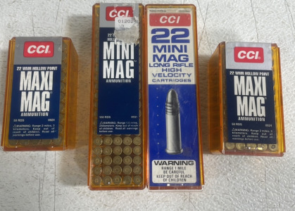 (1) Boxes Of (100) CCI MiniMag High Velocity 22. Hollow Point Ammunition Cartridges (1) Box of (100)Mini Mag High Velocity 22. Ammunition Cartridges (2) Boxes Of (50) CCI MaxiMag 22. WRM Hollow Point Ammunition Cartridges