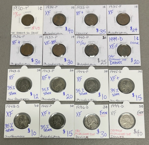 (8) Lincoln Wheat Pennies Dated 1930-1949, (6) Nickels 35% Silver Dated 1943-1945, (2) Obverse Misaligned Die Nickels Dated 1986 And 1999