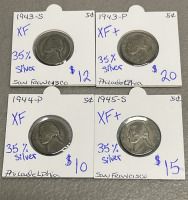 (8) Lincoln Wheat Pennies Dated 1930-1949, (6) Nickels 35% Silver Dated 1943-1945, (2) Obverse Misaligned Die Nickels Dated 1986 And 1999 - 4