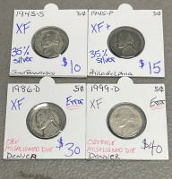 (8) Lincoln Wheat Pennies Dated 1930-1949, (6) Nickels 35% Silver Dated 1943-1945, (2) Obverse Misaligned Die Nickels Dated 1986 And 1999 - 5