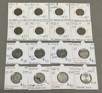 (8) Lincoln Wheat Pennies Dated 1937-1938 (Roaring 30’s Series), (3) Nickels 35% Silver Dated 1943-1945, (5) Obverse Misaligned Die Nickels Dated 1986-2020
