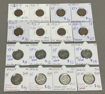 (8) Lincoln Wheat Pennies Dated 1925-1958, (4) Nickels 35% Silver Dated 1943-1945, (4) Obverse Misaligned Die Nickels Dated 1990-2002