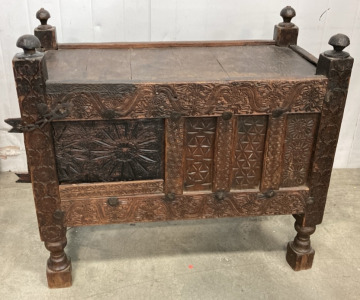 Antique Pakistan Chest w/ Beautiful Hand Carved Design & Hand Forged Lock