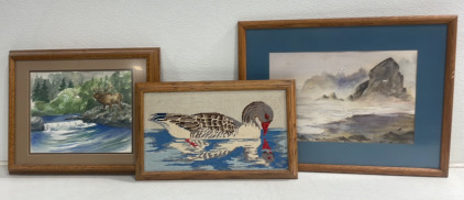 (1) Framed Elk Painting (1) Framed Embroidered Duck (1) Framed Ocean Painting