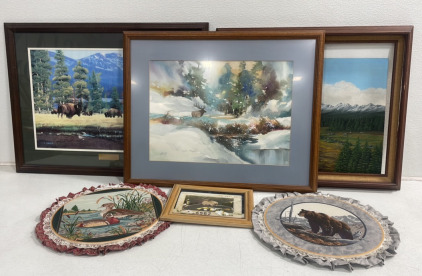 (1) Framed Buffalos Painting (2) Assorted Quilt Hoops And More!