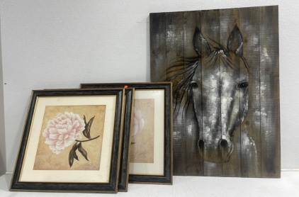 (1) Wooden Horse Painting (3) Assorted Framed Flower Paintings