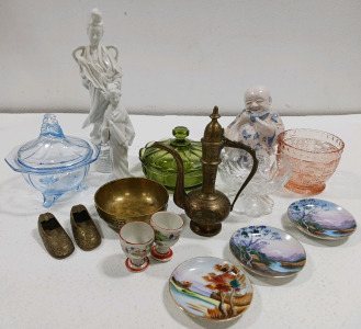 (4) Assorted Candy Bowls (1) 12" Porcelain Japanese Lady (1) Vintage Brass Decanter (1) Brass Bowl & More!