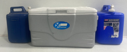 (1) Coleman Extreme 59 L Gallon Cooler (2) Coleman 5 Gallon Water Carier