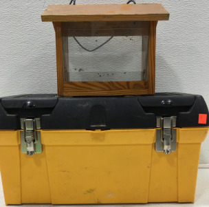 (1) Yellow Tool Box with Assorted Tools (1) Home Made Wooden Bird Feeder