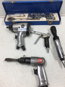 (1) Heavy Duty 1/2 Drive Ratchet with Assorted Socket Sizes (1) 1/2 Drive Air Inpact (1) Campbell Hausfeld Air Chisle (1) Husky Air Blower (1) (1) 3/8 Drive Air Ratchet