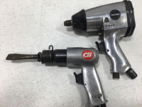 (1) Heavy Duty 1/2 Drive Ratchet with Assorted Socket Sizes (1) 1/2 Drive Air Inpact (1) Campbell Hausfeld Air Chisle (1) Husky Air Blower (1) (1) 3/8 Drive Air Ratchet - 2