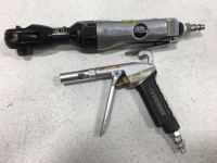 (1) Heavy Duty 1/2 Drive Ratchet with Assorted Socket Sizes (1) 1/2 Drive Air Inpact (1) Campbell Hausfeld Air Chisle (1) Husky Air Blower (1) (1) 3/8 Drive Air Ratchet - 3