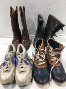 (1) Pair SZ 6 Tony Lama Womens Hand Made Boots (1) Pair Rubber Boots (1) Pair Colorado Thinsulate Boots (1) Pair Nike Air Pegasus.