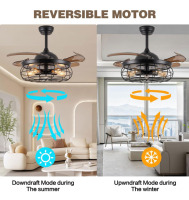 DuMaiWay 48" Retractable Ceiling Fans with Lights, Fandelier Industrial Caged Ceiling Fan with Remote Controller Vintage Style for Farmhouse/Living Room/Bedroom/Restaurant 5 Lights 4 Fan Blades - 2