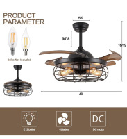 DuMaiWay 48" Retractable Ceiling Fans with Lights, Fandelier Industrial Caged Ceiling Fan with Remote Controller Vintage Style for Farmhouse/Living Room/Bedroom/Restaurant 5 Lights 4 Fan Blades - 3