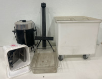 (1) Percolating Coffee Pot (1) 5-Gallon Bucket W Accessories For Condiment Counter (1) Rolling Tote & More
