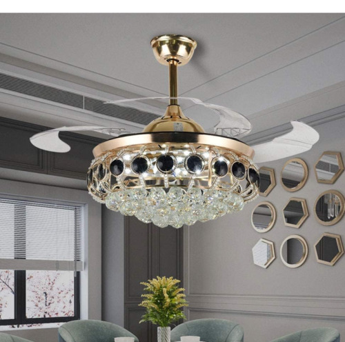 42" Modern Crystal Fandelier Ceiling Fan Light with Remote and Invisible Retractable Blades Crystal Chandelier Lamp for Living Room Dining Room Kitchen,Gold