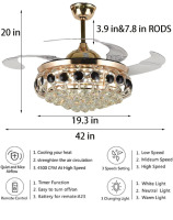 42" Modern Crystal Fandelier Ceiling Fan Light with Remote and Invisible Retractable Blades Crystal Chandelier Lamp for Living Room Dining Room Kitchen,Gold - 2