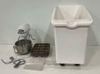 (1) Kitchen Aid Commercial Mixer (11) Cupcake Pans (1) Plastic Scoop (1) Rolling Tote