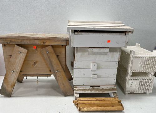 (1) Bee Hive 25”x14” (1) Bee Hive 24”x10 (1) Stand Up Bee Hive 20”x18” (2) Bee Bus carrier 14”x10 (1) Bee suit With Hood & gloves