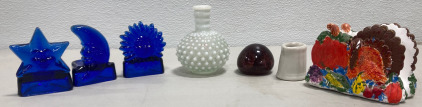 (1) Vintage Fenton Moonglow Hobnail Milk Glass Perfume Bottle (1 set of 3) Cobalt Blue Glass Candle Holders Sun, Moon and Star (1) Vintage Art Glass Paperweight Dark Purple Amethyst Orb Decor (1) Vintage Restaurant Creamer (1) Hand Painted Napkin Holder