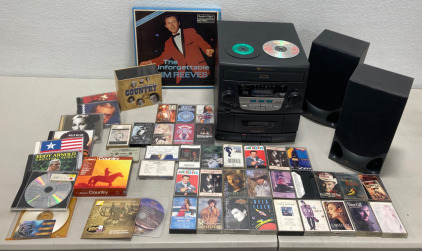 (1) Vintage White Westinghouse 3CD/Cassette Am/Fm Stereo System and (2) White Westinghouse Speakers (1) box of Golden Age of Country Music Cds (1) Collection of The Best of Country (3 Cds) (9) More Cds of Music (35) Cassettes of Music and More…