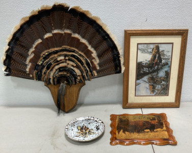 (1) Turkey Feather Mount (1) Limited Edition Native Harmony of the Where Paths Meet (1) Native Picture and (1) Buffalo Plaque