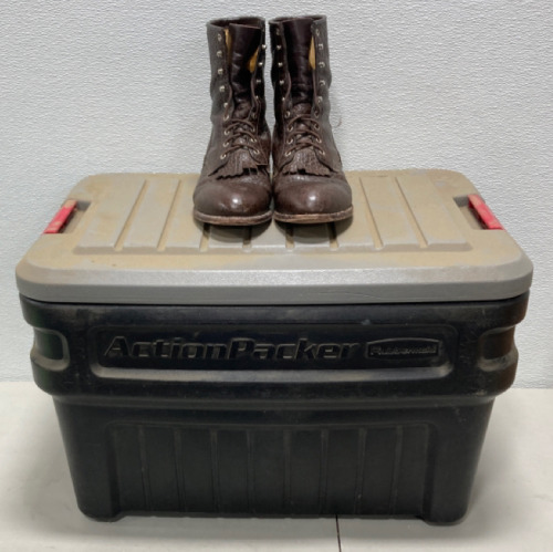 (1 Pair) 13D Vintage Justin Boots (1) Rubbermaid Action Packer Storage Bin