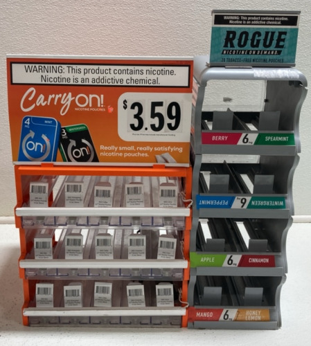 Carry On! and Rogue Nicotine Pouch Display Stands