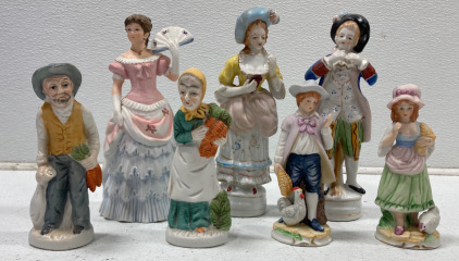 (1) Vintage L&M Victorian Woman with (1) Vintage L&M Victorian Man, (1 pair) Vintage Porcelain Maiden with Wheat and Chicken with Matching Vintage Young Man with Wheat and Chicken, (1 pair) Vintage VTG Bisque Old Man with Carrots and Bag with Matching Vin