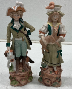 (1 Pair) Vintage Reichmannsdorf Germany Porcelain Man with Dog with Pair Vintage Reichmannsdorf Germany Procelain Wonam with Dog, No. 3507 on Each Figurein