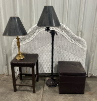 (2) Lamps (1) Stool (1) Ottoman (1) Wicker Headboard