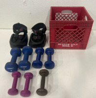 (1) Pair Jump Sole Calf Workout Shoes (2) 8 Lbs Rubber Coated Dumbbells (2) 5 Lbs Rubber Coated Dumbbells (2) 2 Lbs Ruber Coated Dumbbells (1) 3 Lbs Iron Dumbbell (1) Red Milk Crate