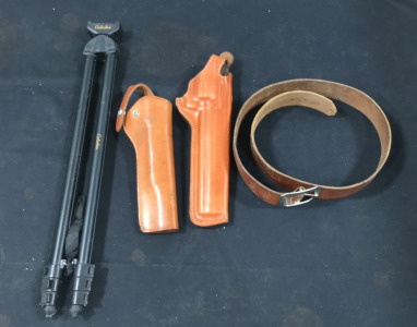 (2) Leather Holsters, (1) Leather Gun Belt & Cabela’s Telescoping Spotting Scope Bypod