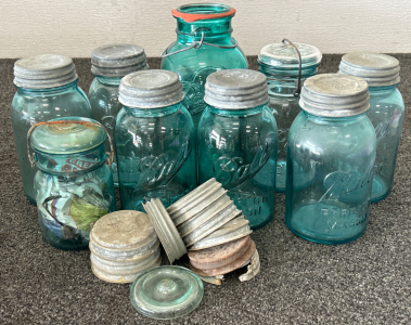 Vintage Blue Mason Glass Jars And Lids