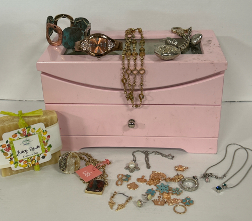 Pink Jewelry Box With Fashion Earrings, Rings, Bracelets, Necklaces, Charms, A Watch And An Unused Kombucha Bar Soap