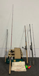 (4) Fishing Poles Plano Tackle Box, Kolpin Soft Rifle Case, And Canvas Money Bags