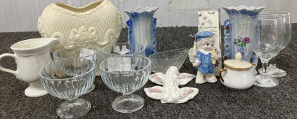 (2)Couture Number Home Vintage Victorian Style Pale Blue Lustre Vase (4) Glass Clear Ribbed Footed Dessert Cups &More