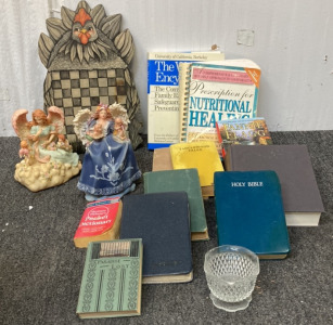 Musical Angel Figurine, Angel Figurine, Wooden Chicken Checker Board, Books Including The Wellness Encyclopedia, Nutritional Healing, Fannie Flagg, Tanglewood Tales & More