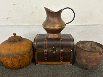 Small Decorative Trunk and (3) Rust/Copper Colored Decor Pieces