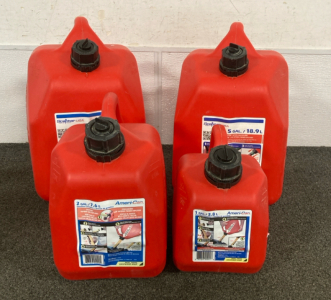 Four Aneri-Can Gas Cans, (2) 5 Gallon, (1) 2 Gallon, (1) 1 Gallon